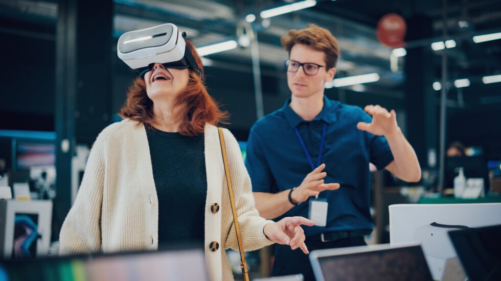 image depicting two people using virtual reality as a part of a learning and development exercise to develop soft skills.