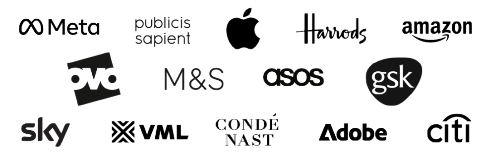 Black logos of Meta, Publicics Sapient, Apple, Harrods, Amazon, Ovo, M&S, ASOS, GSK, Sky, VML, Conde Nast, Adobe, and Citi